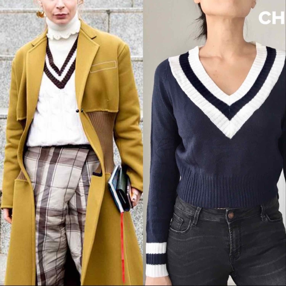 KNITTED VARSITY LONG SLEEVE SWEATER - WHITE NAVY BLUE